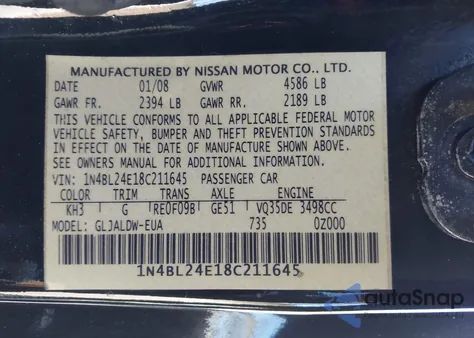 2008 Nissan Altima 3.5 Se from USA, damaged, VIN 1N4BL24E18C211645